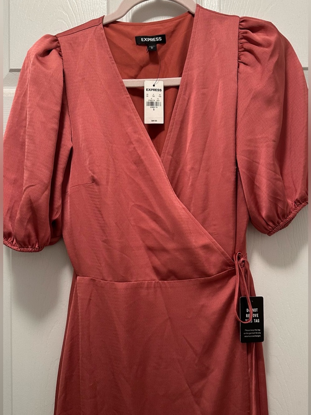 Express Rusty Rose Wrap Midi Dress with Puff Sleeves